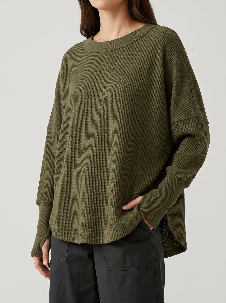 Textured Casual Waffle Knit Thumbhole Long Sleeve Top