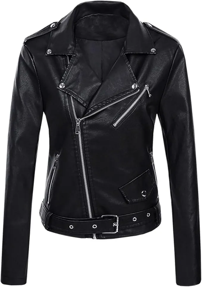 Cropped Faux Leather Asymmetric Zip Biker Jacket