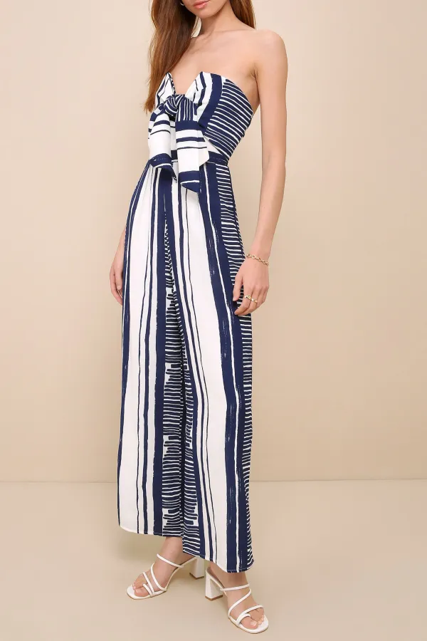 Daily Blue and White Striped Tie-Front Strapless Jumpsuit