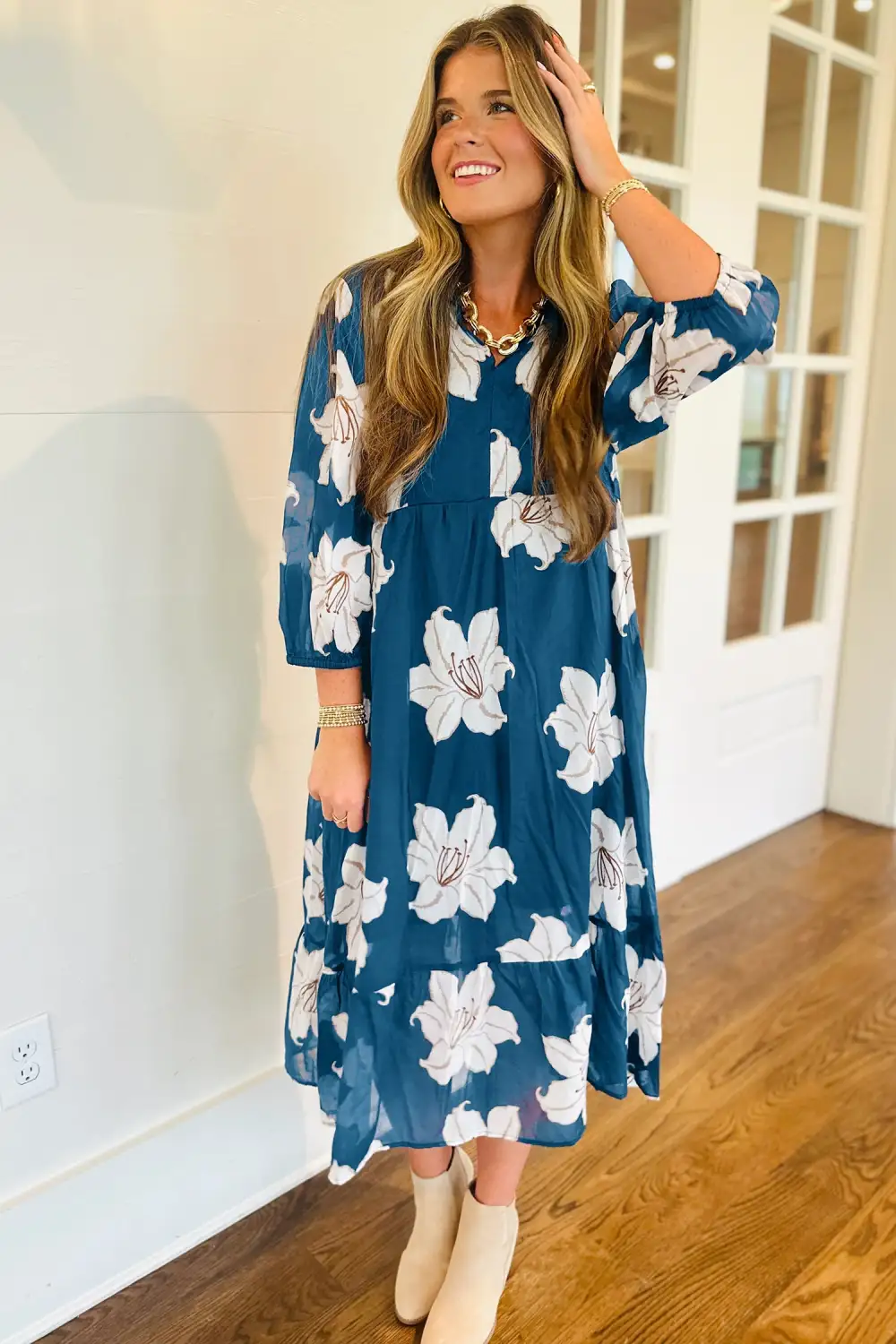 Polished Detail Floral Printed V Neck Midi Dress