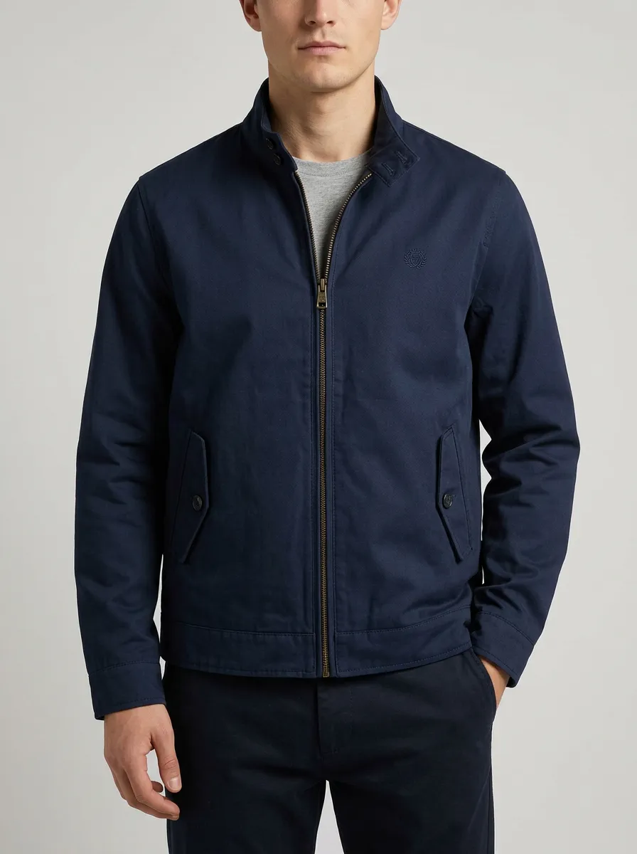 Men's Casual Navy Blue Embroidered Logo Zip-Up Jacket