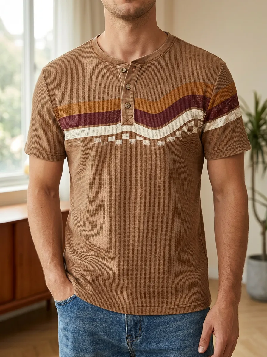 Men's Classic Retro Waffle Knit Striped Checkerboard Henley T-Shirt