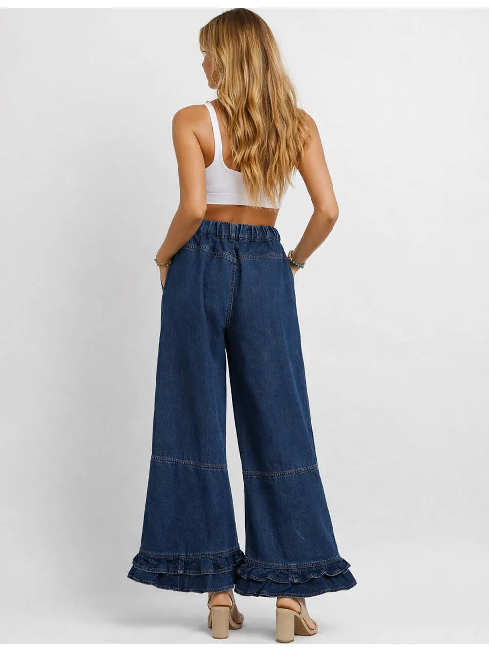 Ruffle Hem Jeans Elastic Waist Wide Leg Denim Pants