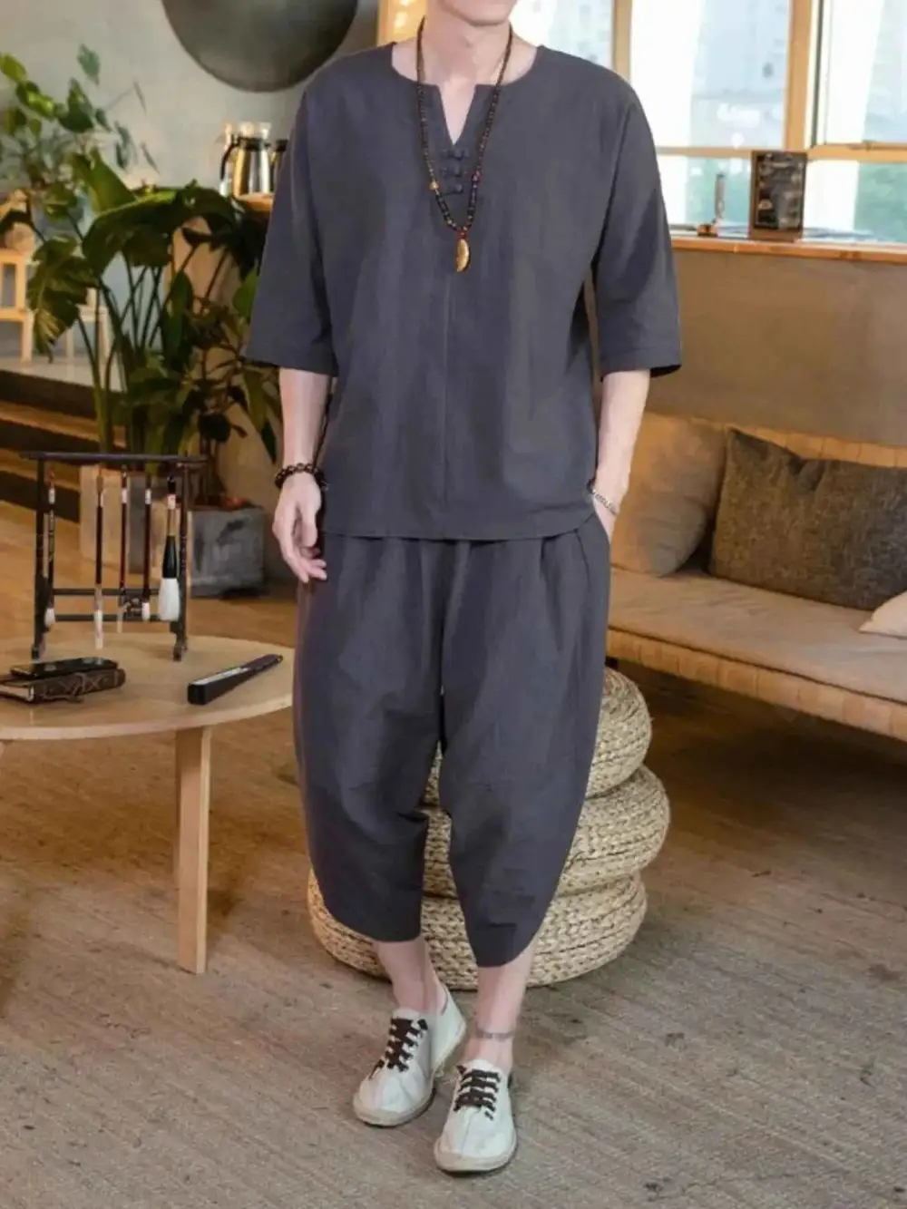 Notched Half Sleeve Top and Cropped Pants Set