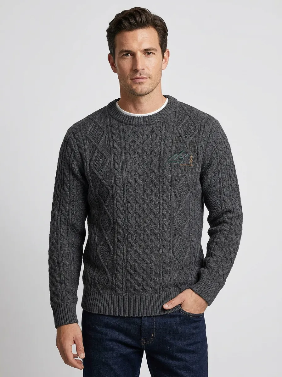 Men's Charcoal Outdoor Mountain Pine Tree Embroidered Knit Sweater