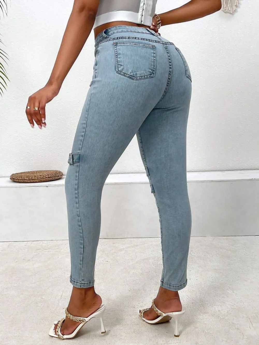 Decorative Buckle Skinny Pocket Denim Jeans