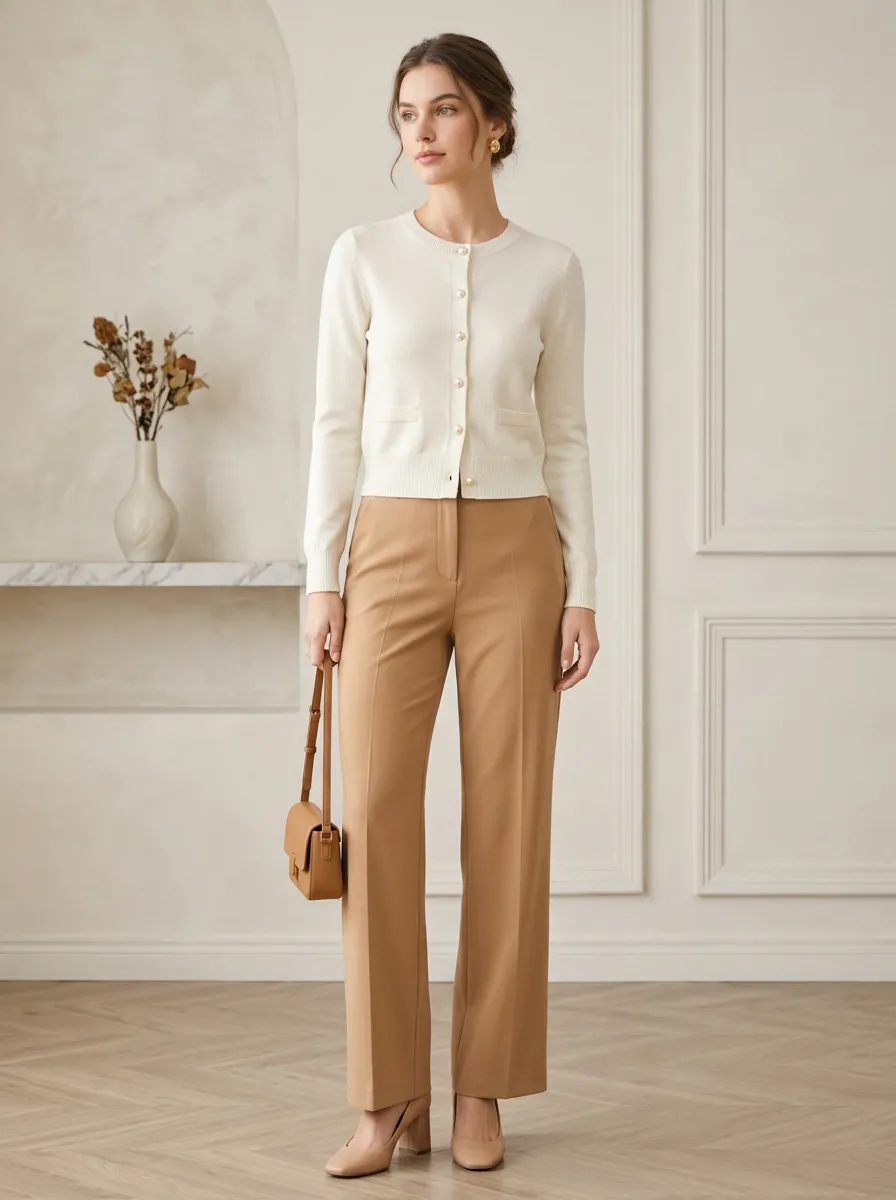 Women's Minimalist Pearl Button Crew Neck Knit Cardigan