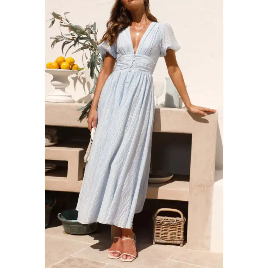 V-Neck Puff Short Sleeve Midi Dress