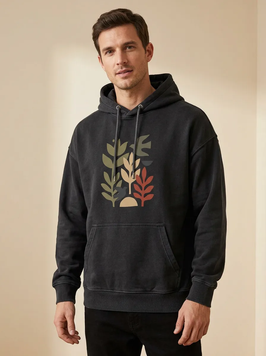 Men's Nature Lover Abstract Botanical Bird Print Hoodie
