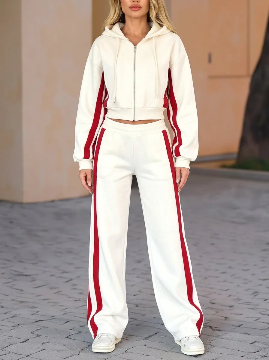 Women's Contrast-Stripe Zip-Up Hoodie & Wide-Leg Pants Drawstring-Waist Ribbed-Trim Set