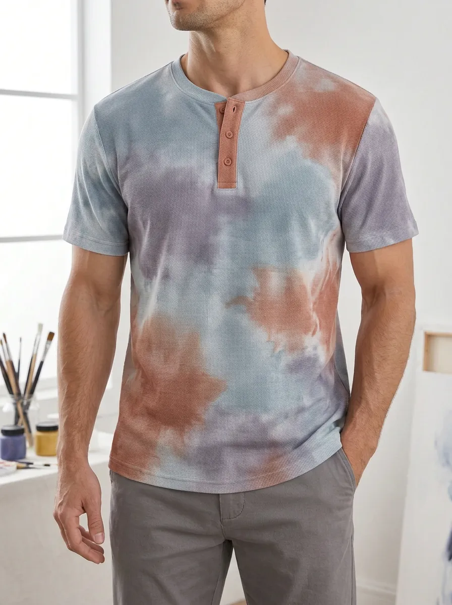 Men's Relaxed Casual Tie-Dye Waffle Knit Button Henley T-Shirt