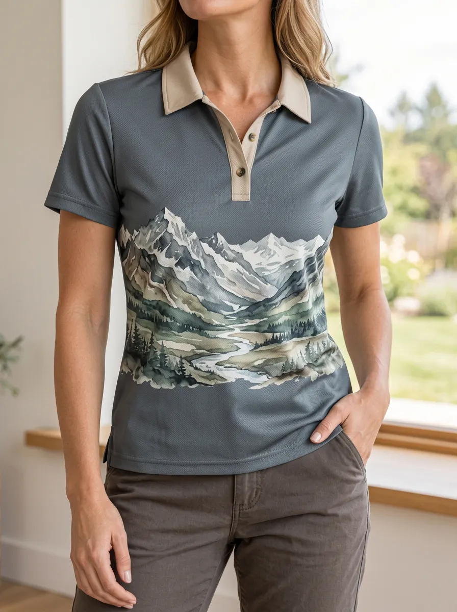 Women's Nature Lover Mountain Landscape Printed polo shirt