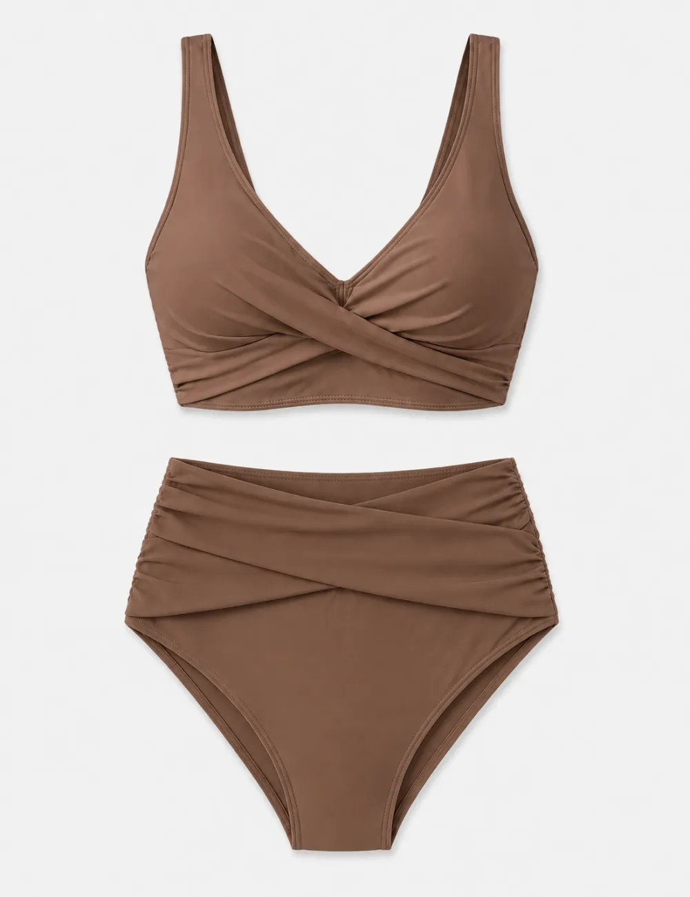 Twist Front V Neck High Waisted Bikini Set