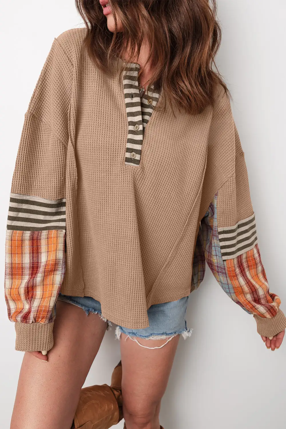 Refined Plaid Henley Neck Waffle Knit Relaxed Cotton Blend Long Sleeve Top
