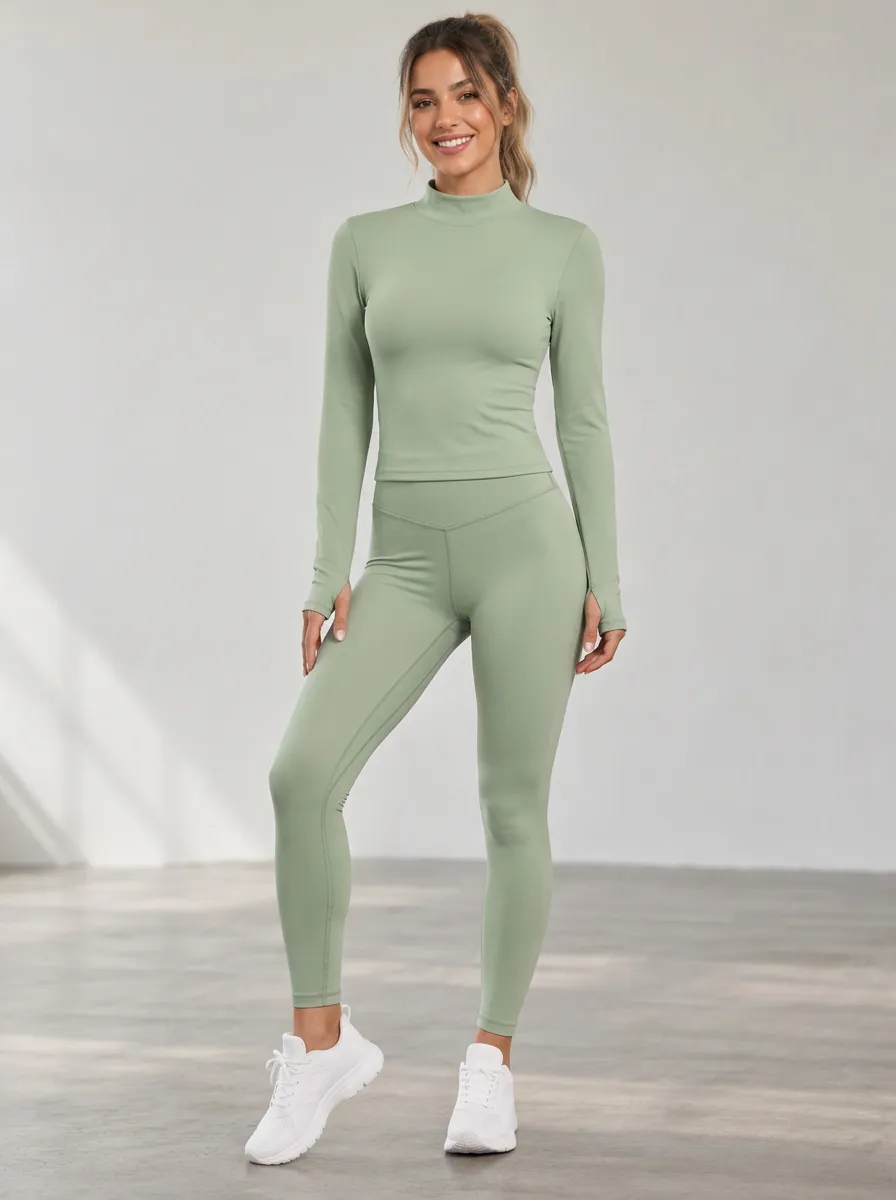Women's Mock Neck Thumbhole Ribbed Leggings Set