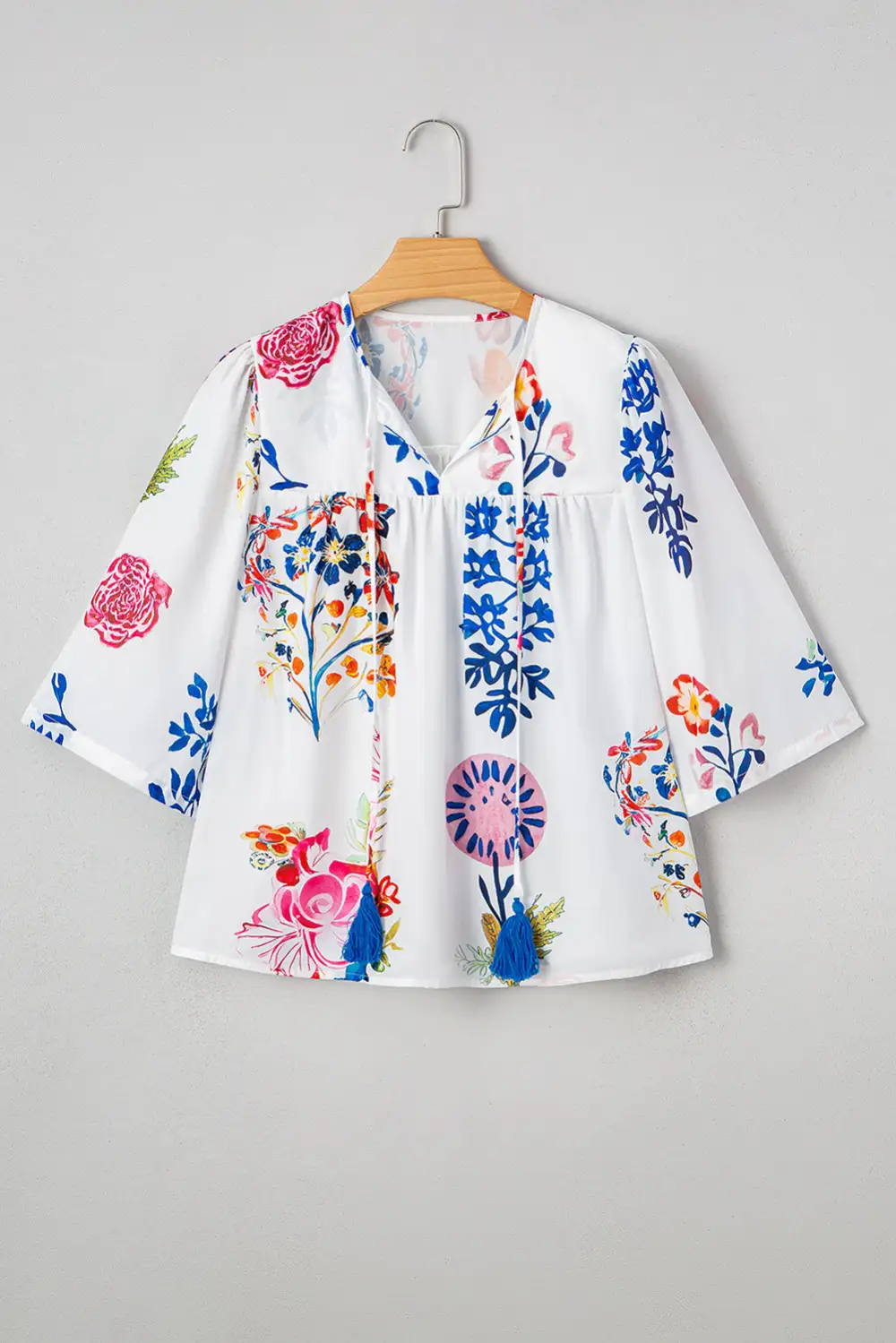 Women's Floral Print Bracelet Sleeve Tassel Top