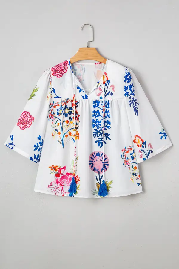 Women's Floral Print Bracelet Sleeve Tassel Top