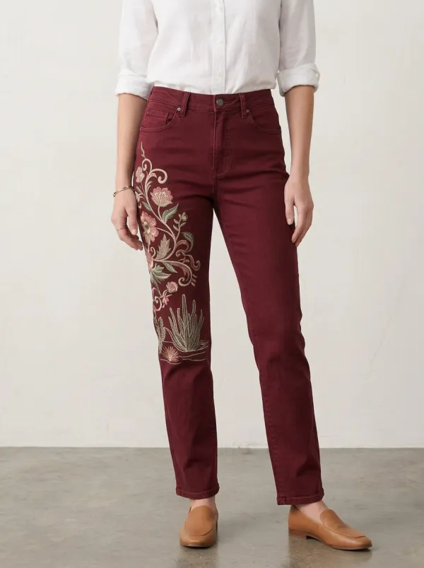 Women's Floral Cactus Pattern Embroidered Printed Straight Leg Jeans