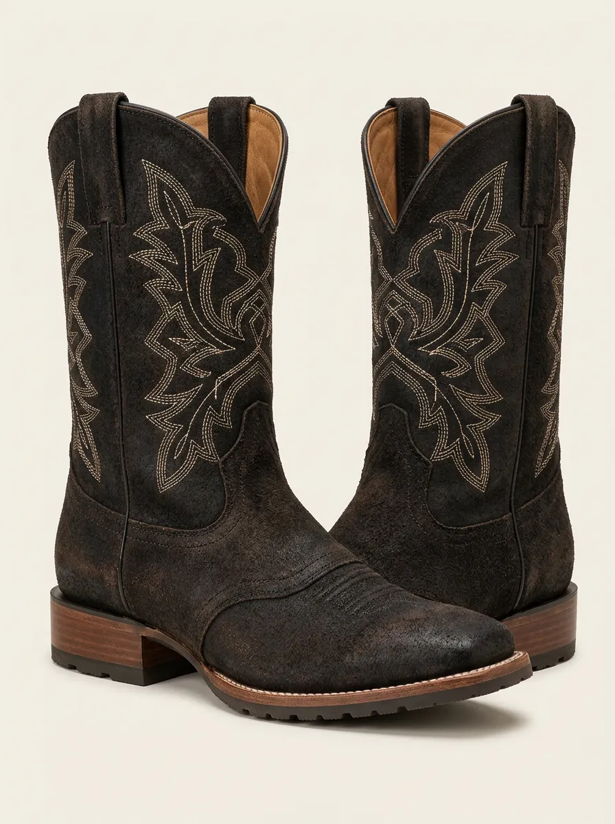 Men's Red Suede Cowboy Boots with Embroidered Detail
