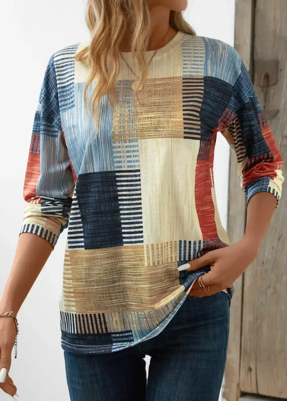 Multi Color Patchwork Geometric Print Long Sleeve T Shirt