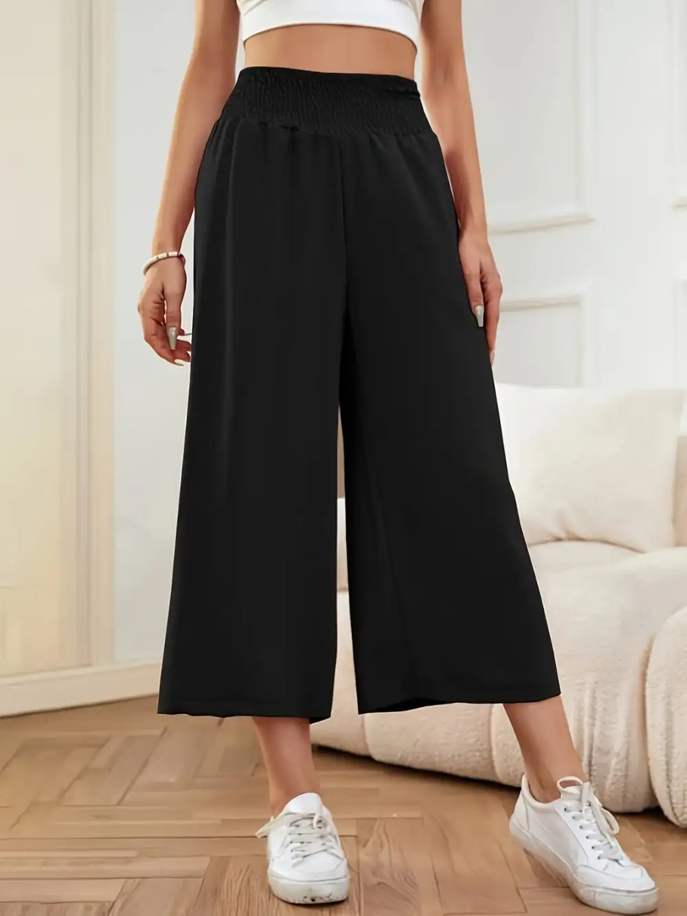 Draped Elastic Waist Wide Leg Pants