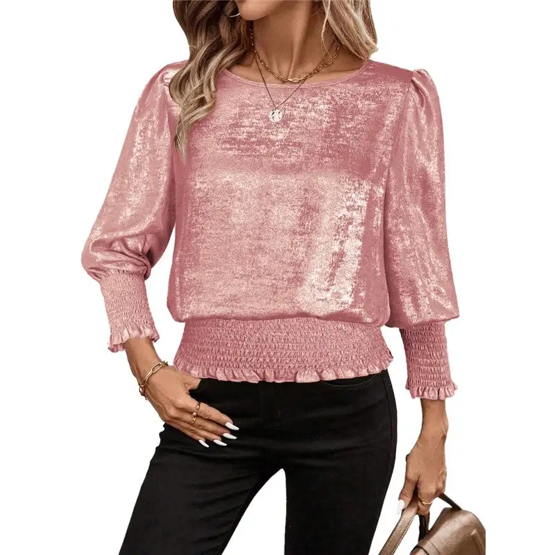 Foil Round Neck Elastic Hem T-Shirt
