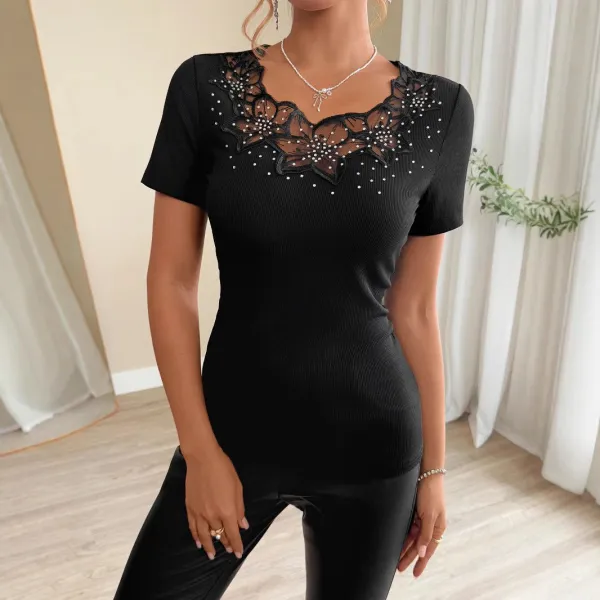 Rhinestone Patch Short Sleeve Blouse