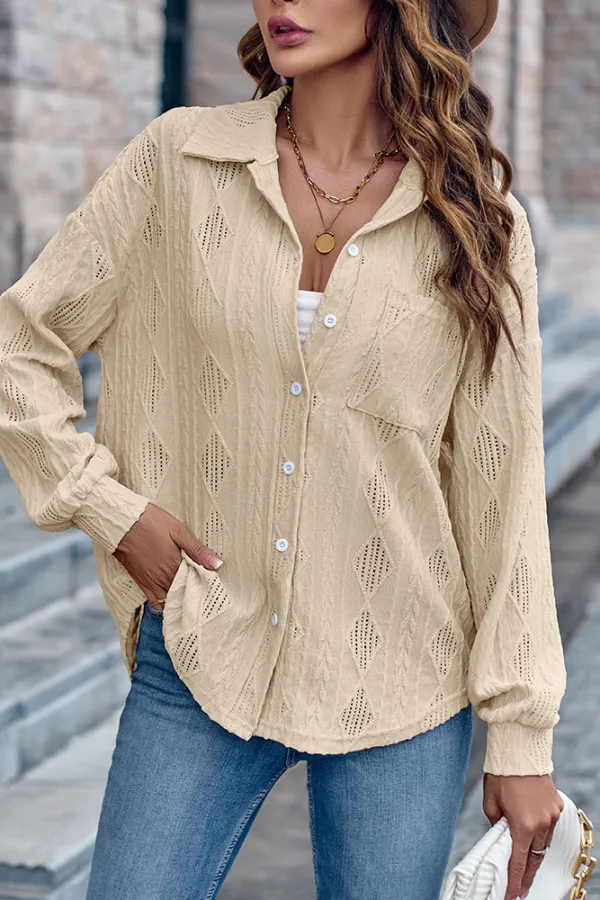 Eyelet Cable Button Shirt Blouse
