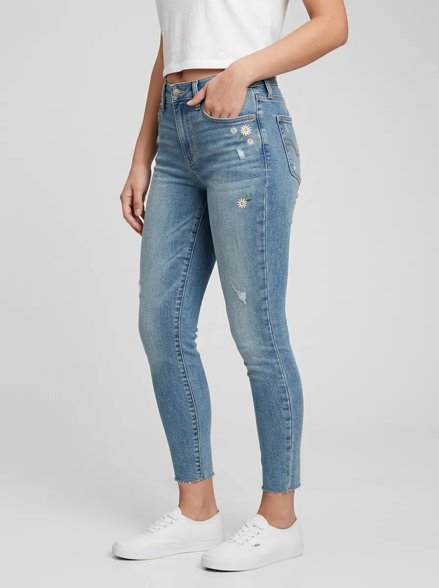 Women's Summit Floral Daisy Embroidered Printed Slim Jeans