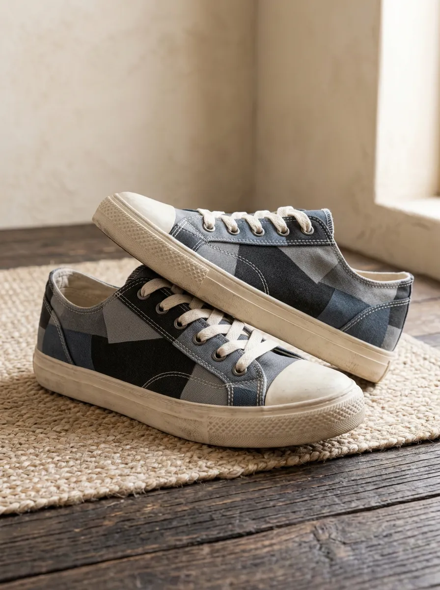 Men's Geometric Patchwork Blue Printed Canvas Shoes