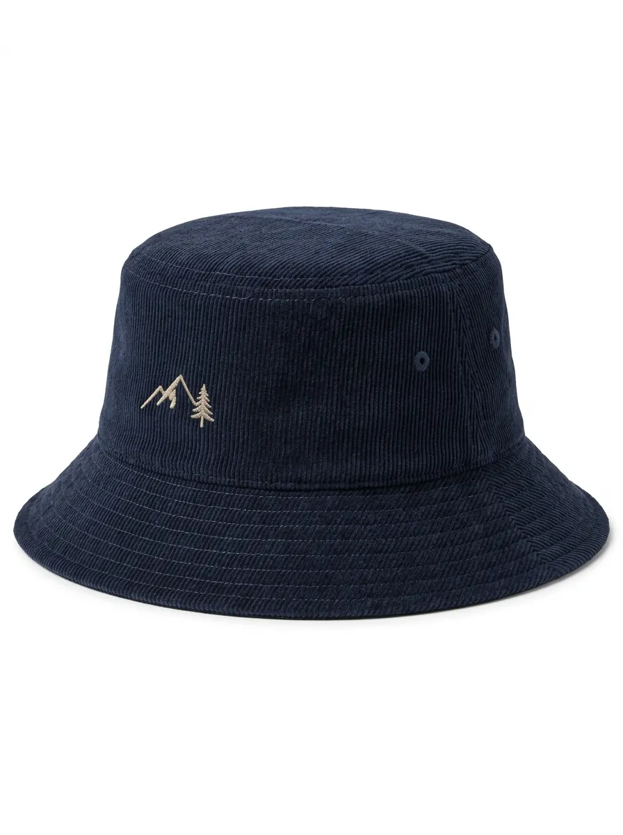 Mountain Embroidered Detail on an Rustic Corduroy Bucket Hat