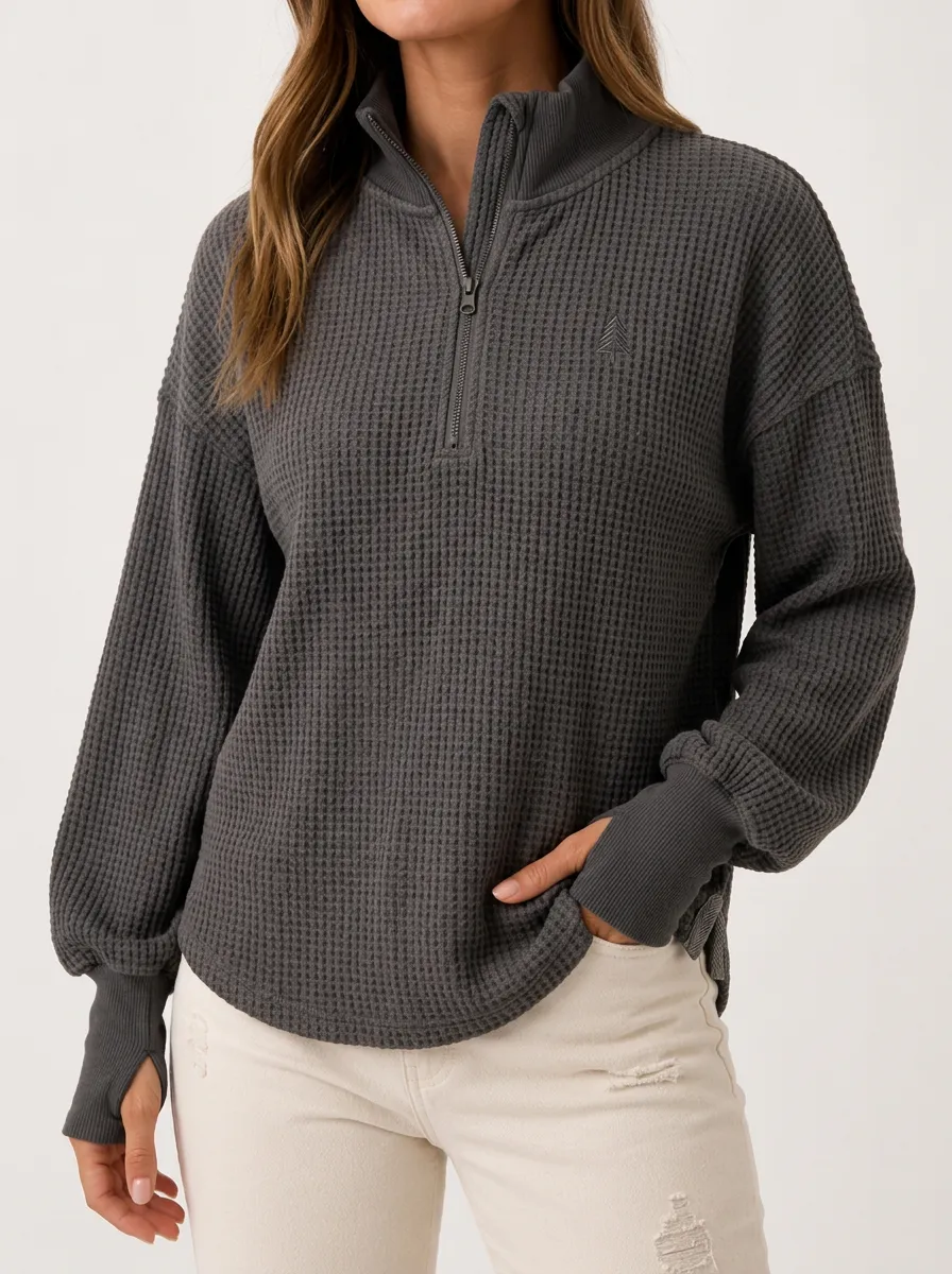 Modern Weekend Nature Lover Pine Tree Embroidered Waffle Knit Quarter Zip Top