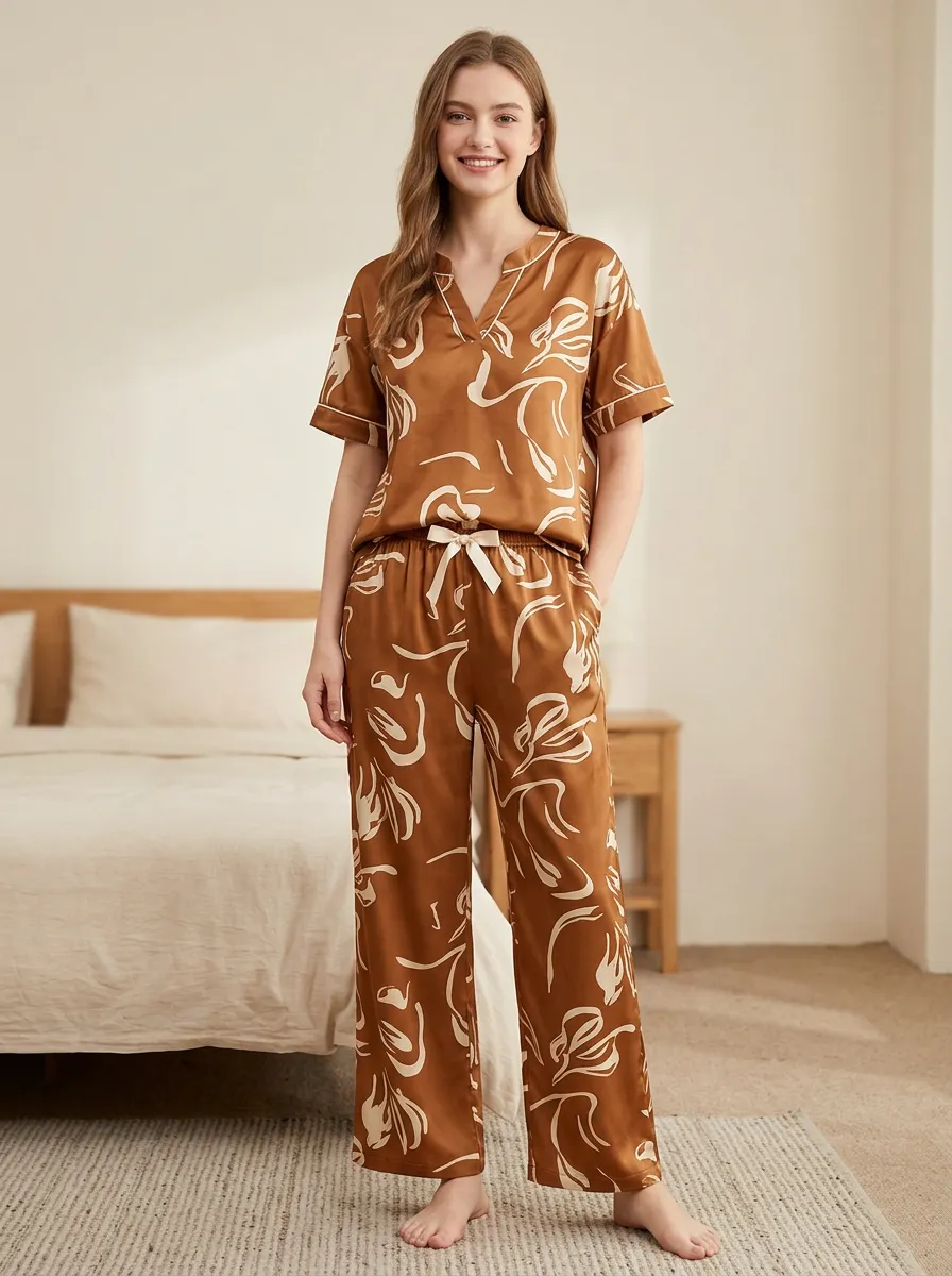 Floral V-Neck Short Sleeve Wide-Leg Pants Matching Shorts Women's Printed Pajama Set