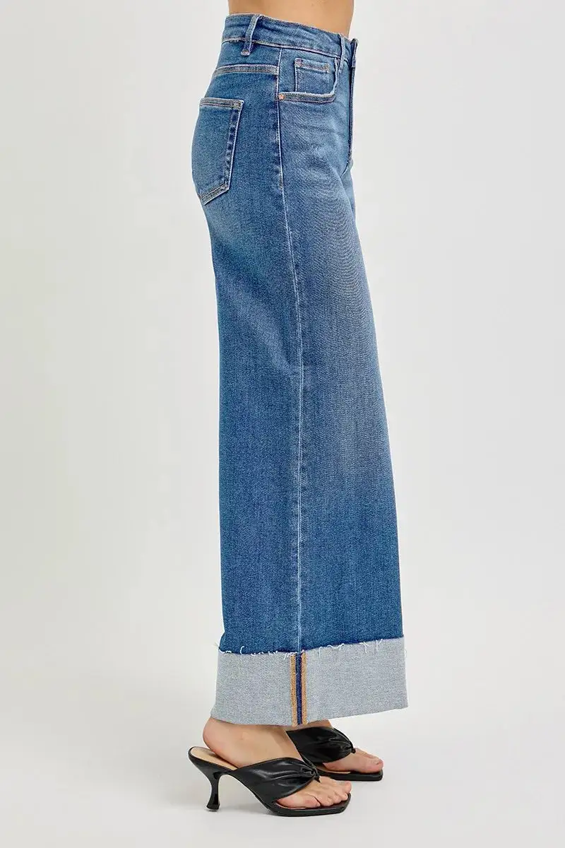 Relaxed High Waist Wide Leg Cuffed Denim Jeans