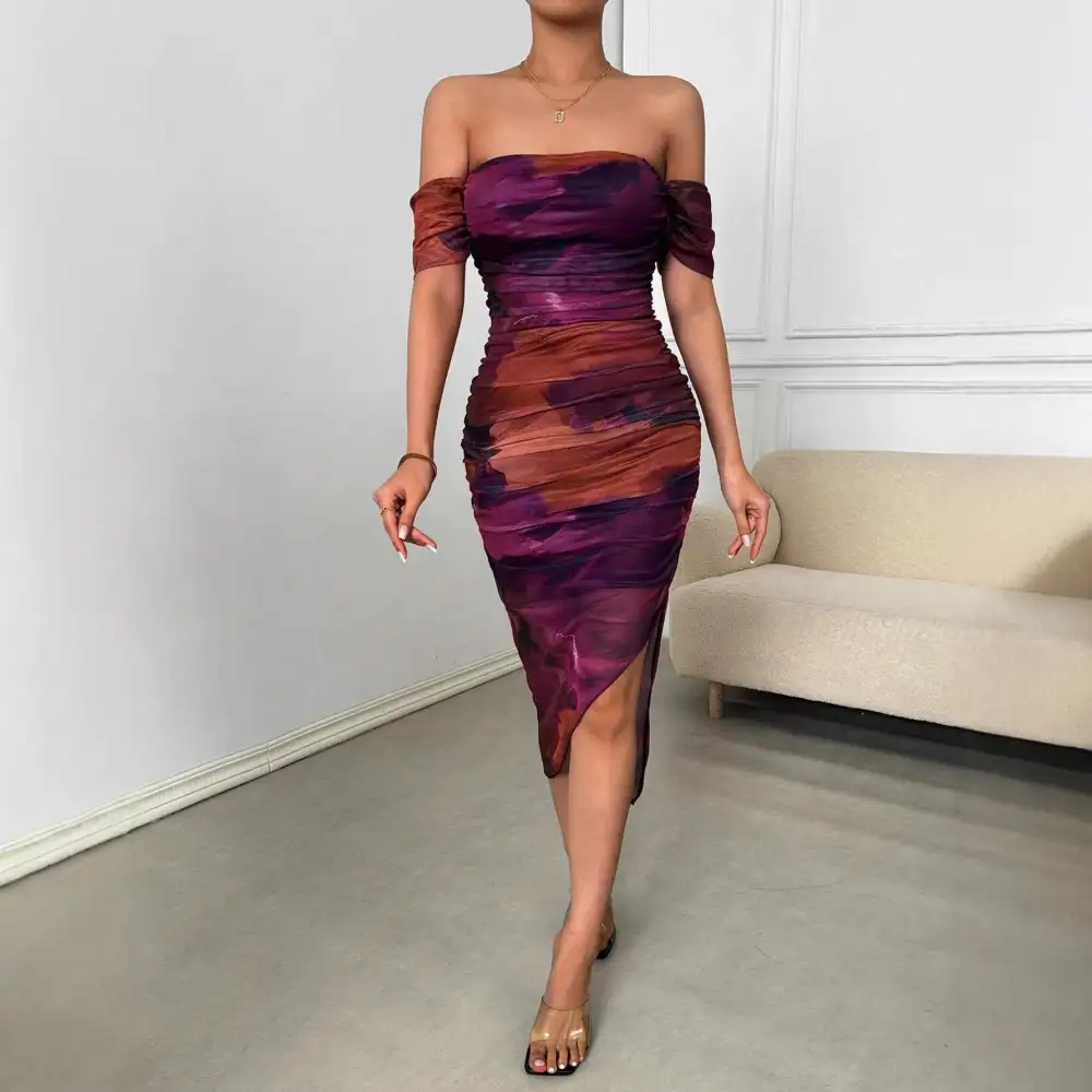 Women's Bodycon Off-Shoulder Slit Evening Maxi Dress