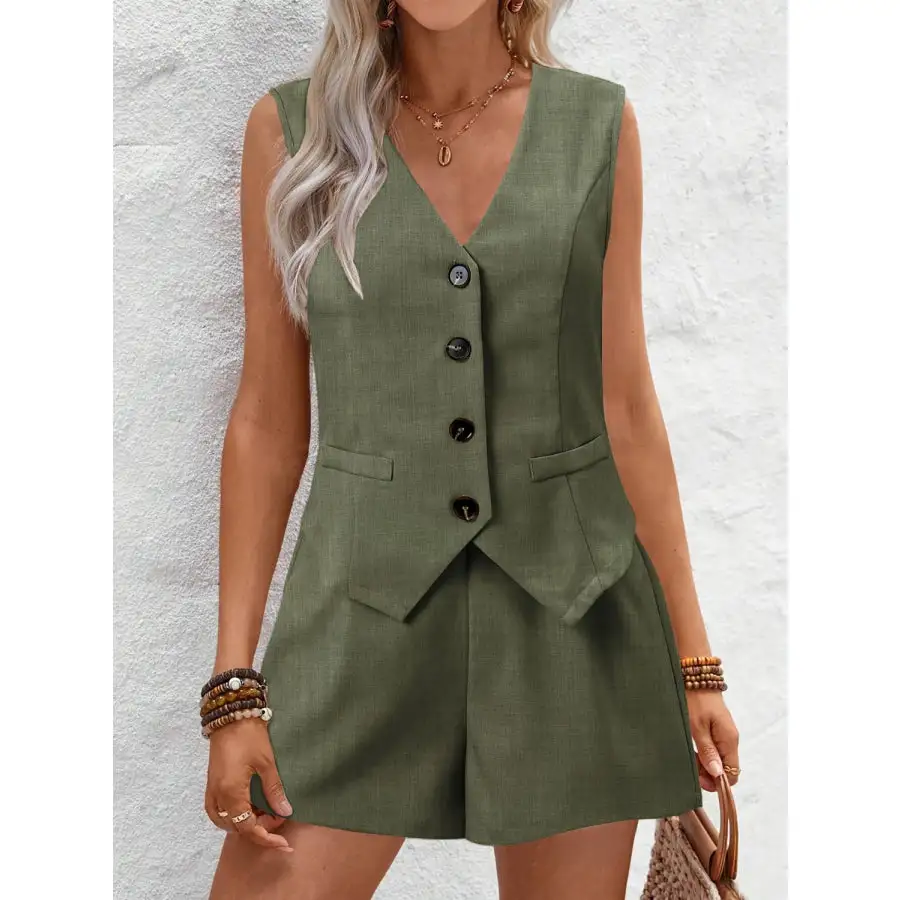 V Neck Button Down Vest and Shorts Set