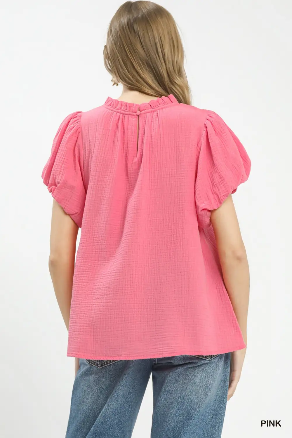 Cotton Textured Gauze Ruffle Neck Boho Top