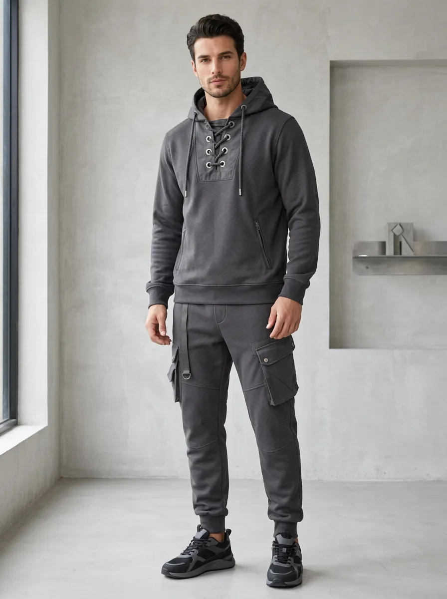 Functional Lace-Up Multi Pocket Relaxed Look Men's Lace Up Hoodie And Cargo Jogger Set