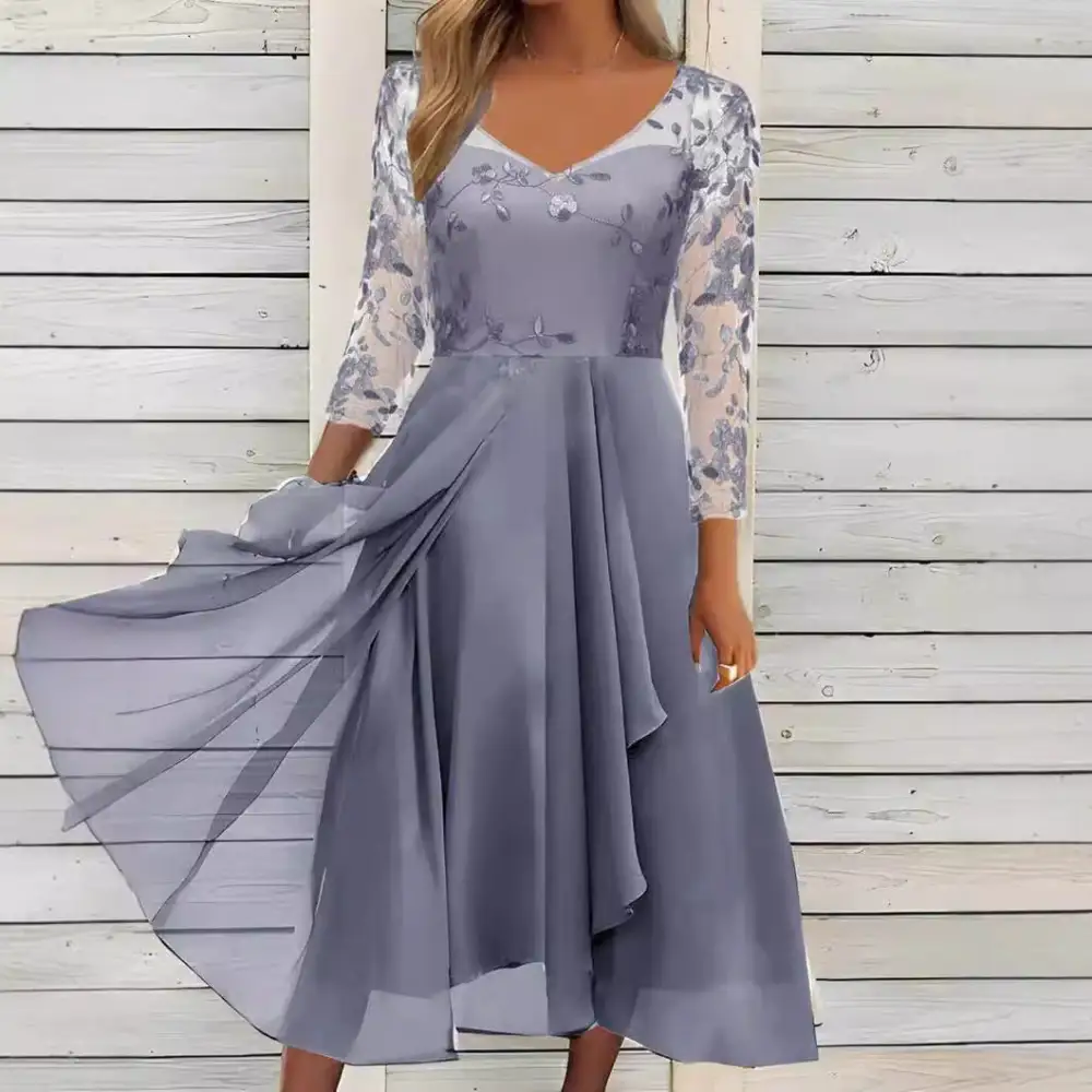 Women's Bodycon V-Neck Three-Quarter-Sleeve Chiffon Midi Dress
