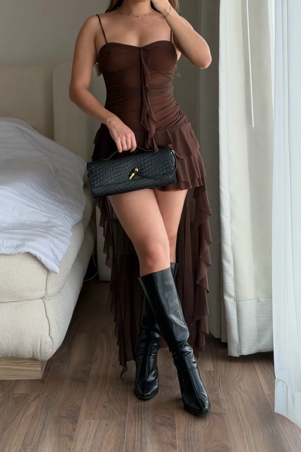 Brown Tight-Fitting Halter Long Tail Dress