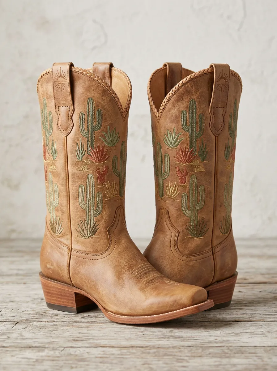 Ranch Cactus Embroidered Statement Unisex Western Cowboy Boots