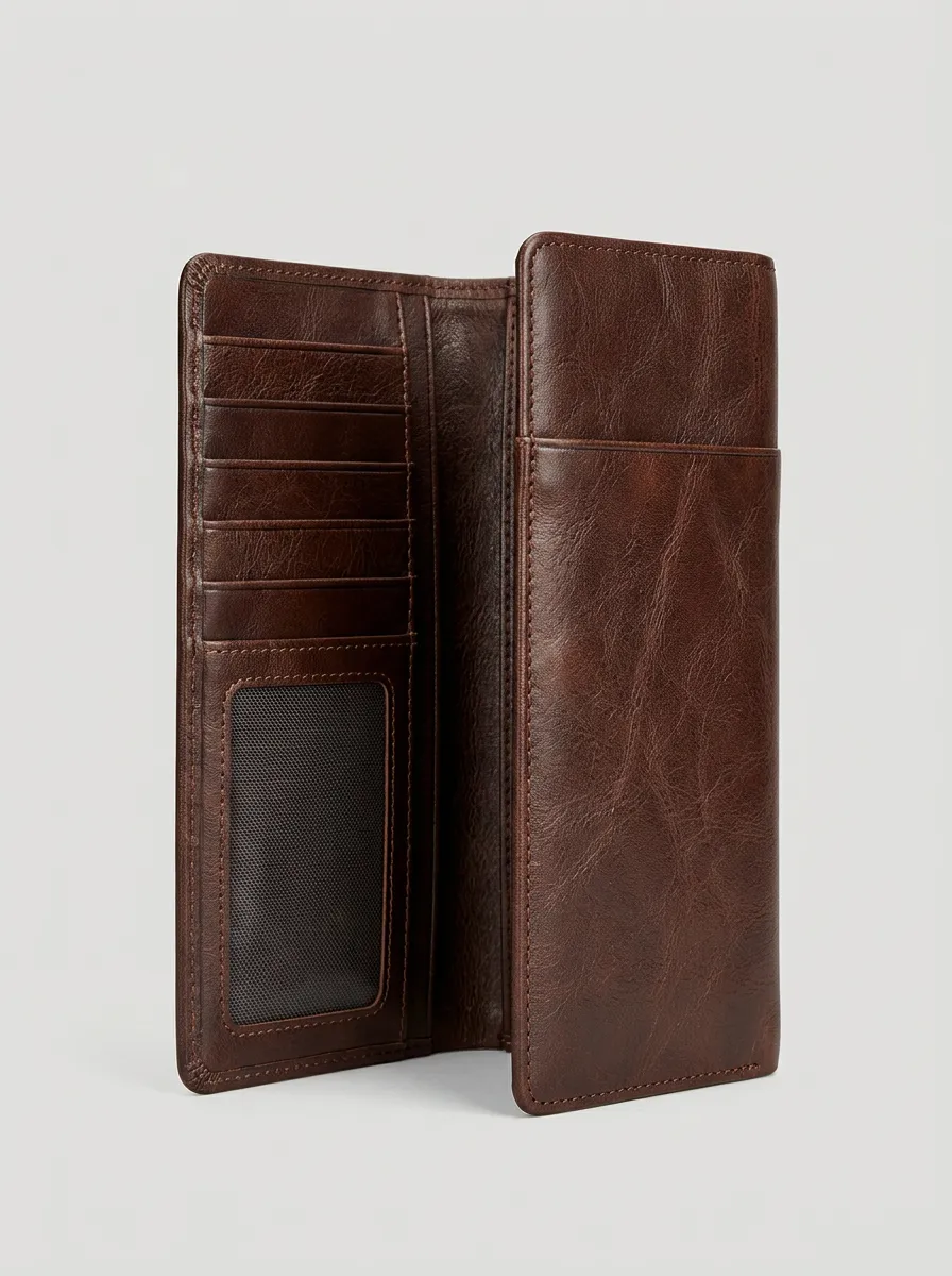 Men's Vintage Brown Leather Long Bifold Wallet