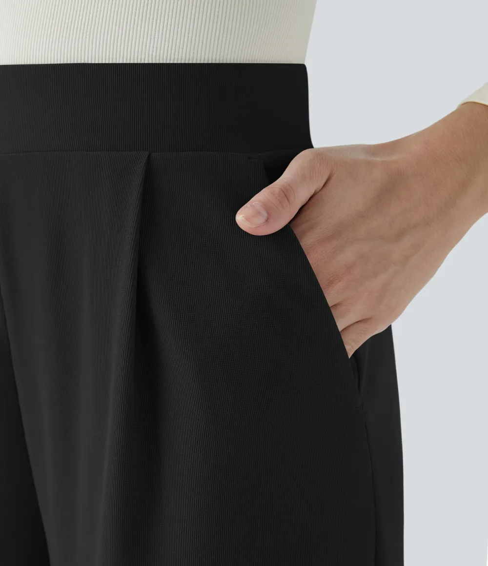  High Waisted Body Sculpt Waist-Slimming Side Pocket Wide Leg Micro Waffle Work Pants