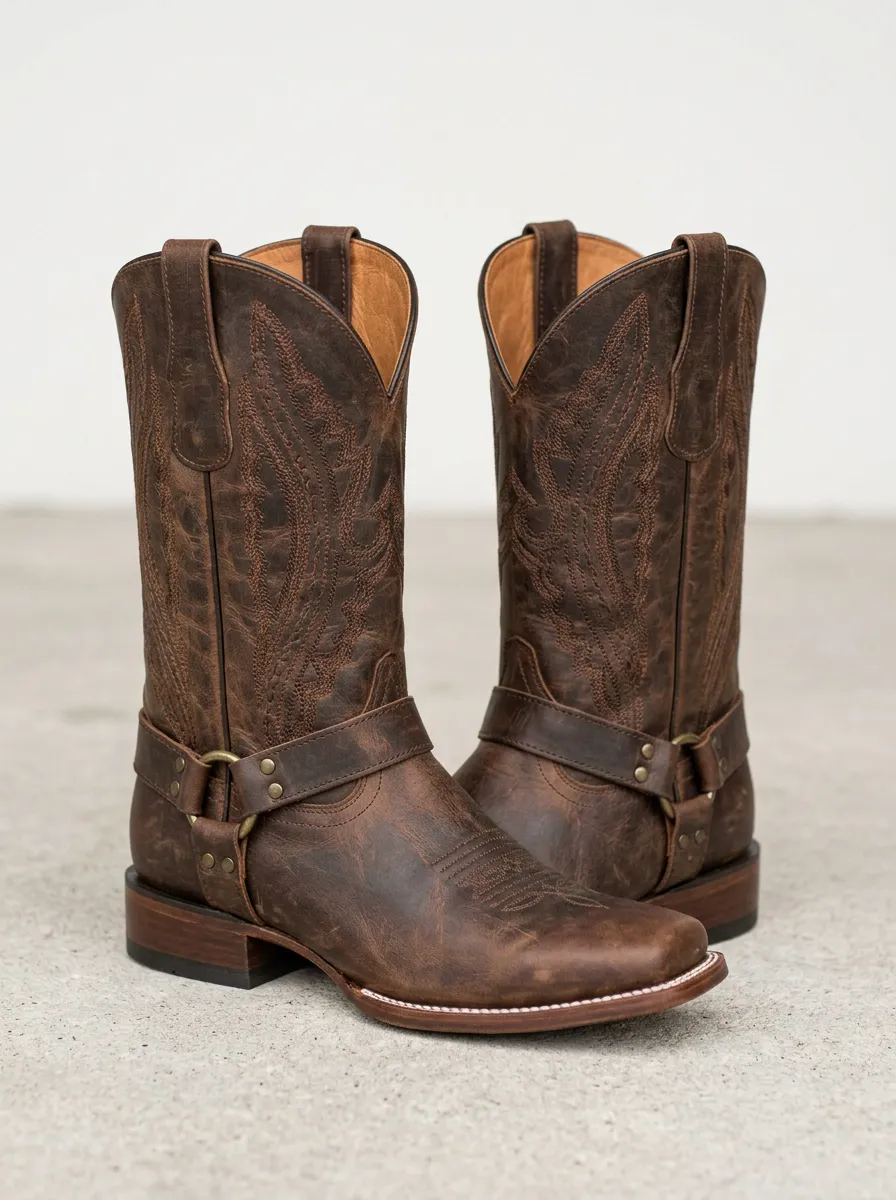 Men's Classic Western Distressed Leather Embroidered Harness Boots