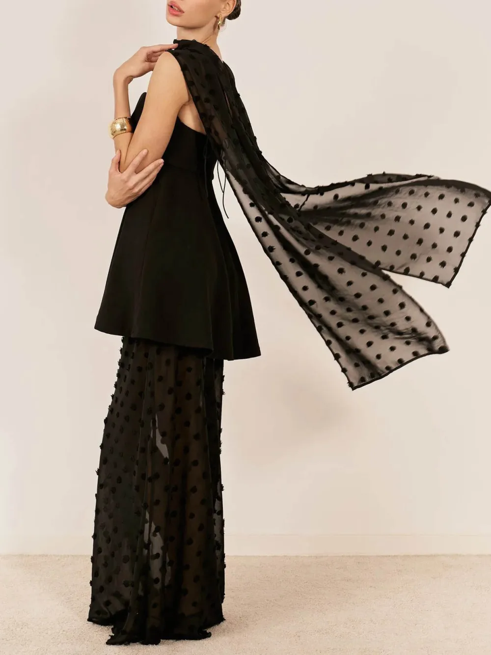 Polka Dot Mesh Cape Two Mini Dress