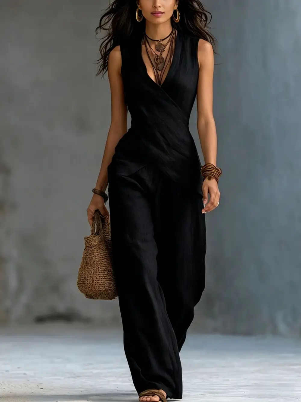 V-Neck Denim Knit Women's Lounge Set