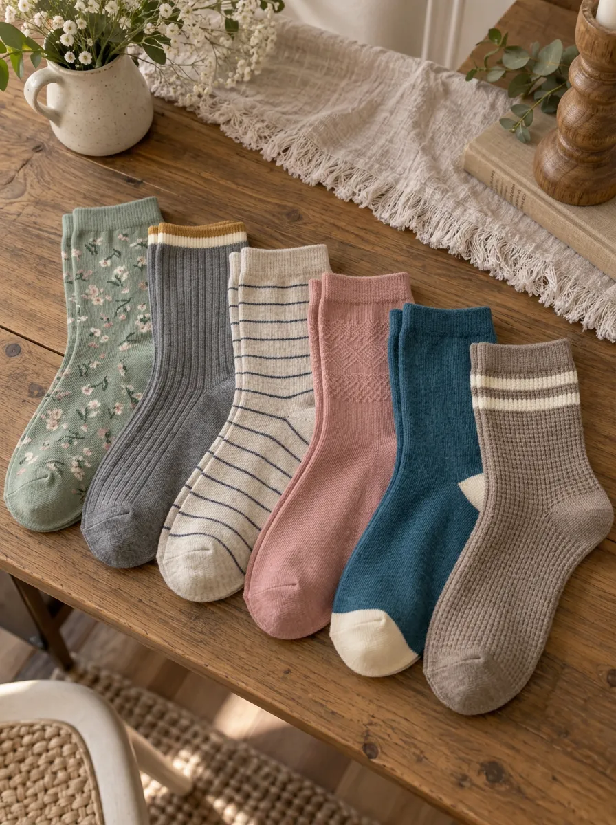 Women's Assorted Floral Waffle Knit Ribbed Striped Vintage-Inspired Printed 6-Pack Crew Sock Set