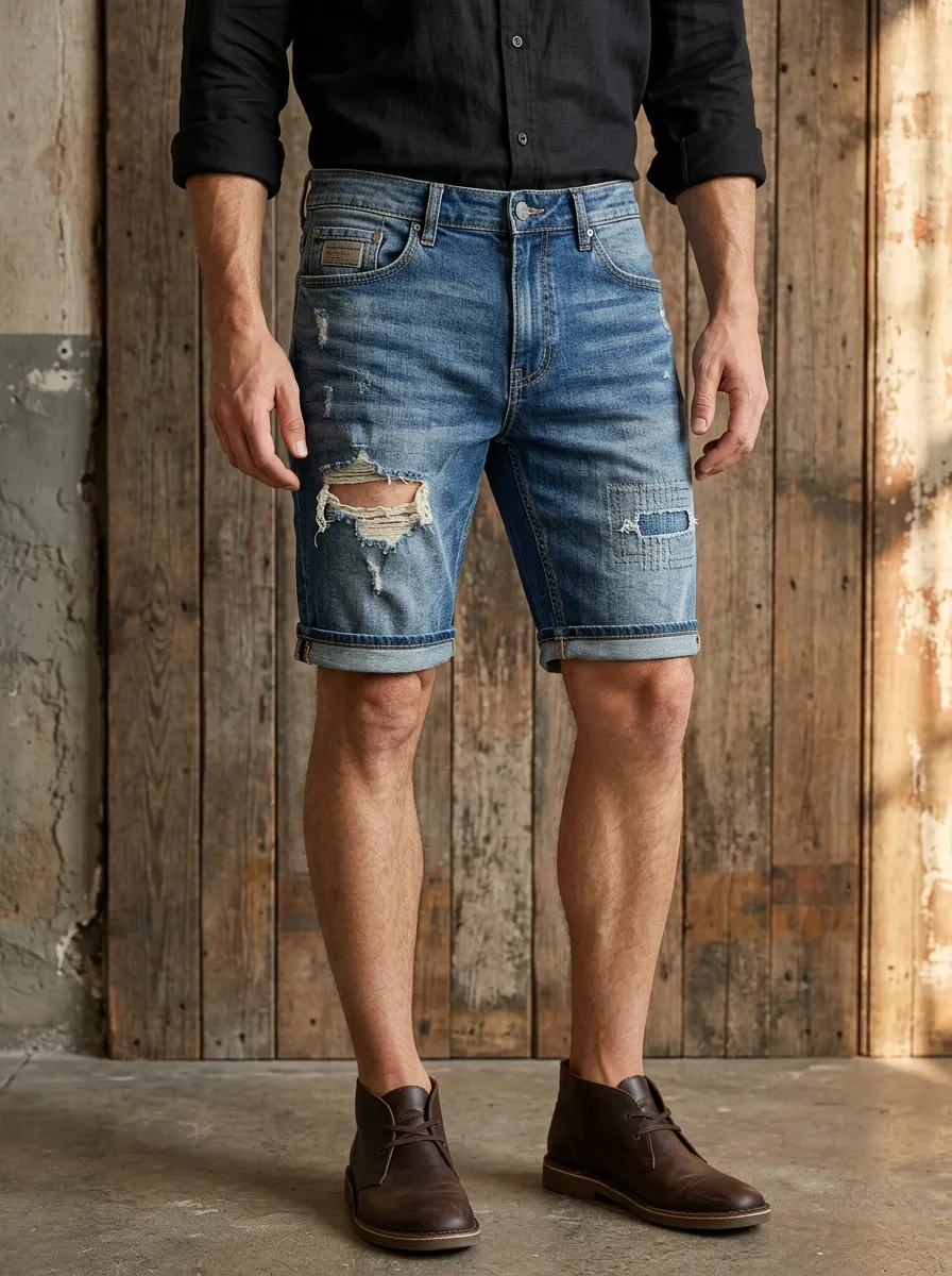 Men's Patchwork Denim Shorts with Five Pocket