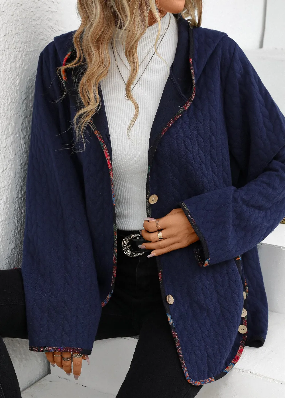 Navy Pocket Long Sleeve Hooded Coat