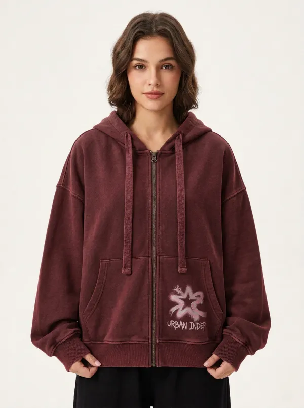 Women's Streetwear Urban Independent Pink Star Printed Zip-up Hoodie